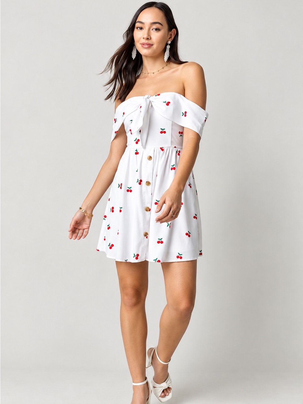 NWT Francesca’s Lila Cherry Print Off The Shoulder Mini Dress
